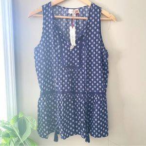 LUNA MOON | NWT navy blue white design and tassel tank top